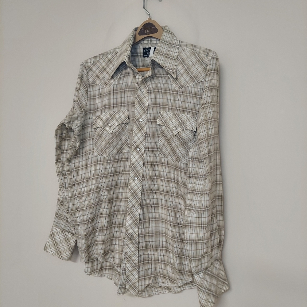 Vintage Champion Westerns Shirt Men's Cream Pearl Snap Plaid Long Sleeve X-Large